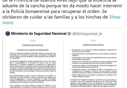 Bullrich responsabilizó a Kicillof por la violencia en cancha de Independiente
